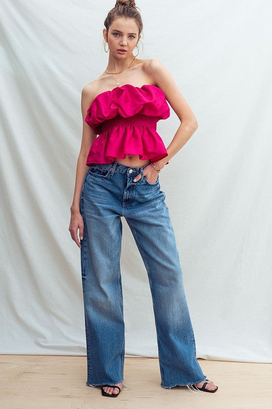 Voluminous Ruffle Smocked Waist Sliky Blouse in Berry - Women's Wholesale Tops | Trend Notes