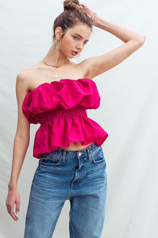 Voluminous Ruffle Smocked Waist Sliky Blouse in Berry - Women's Wholesale Tops | Trend Notes