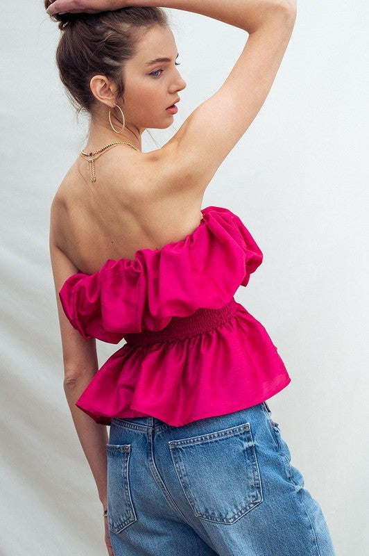Voluminous Ruffle Smocked Waist Sliky Blouse in Berry - Women's Wholesale Tops | Trend Notes