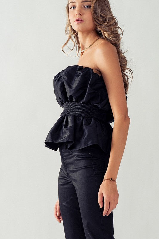 Voluminous Ruffle Smocked Waist Sliky Blouse in Black - Women's Wholesale Tops | Trend Notes