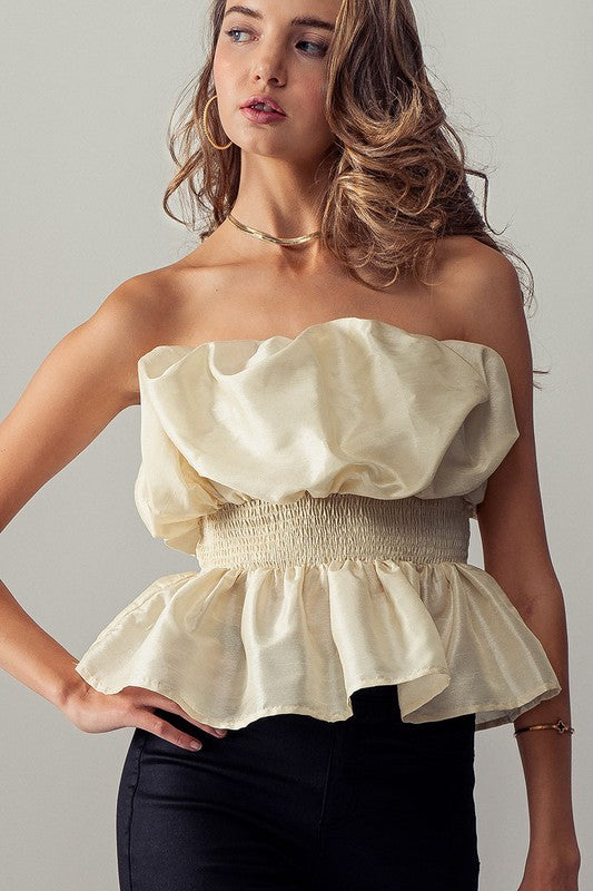 Voluminous Ruffle Smocked Waist Sliky Blouse in Cream - Women's Wholesale Tops | Trend Notes
