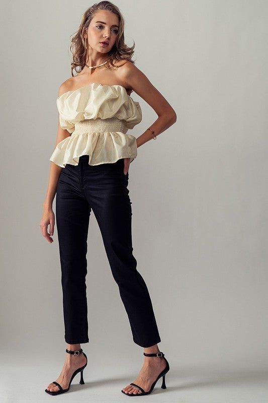 Voluminous Ruffle Smocked Waist Sliky Blouse in Cream - Women's Wholesale Tops | Trend Notes