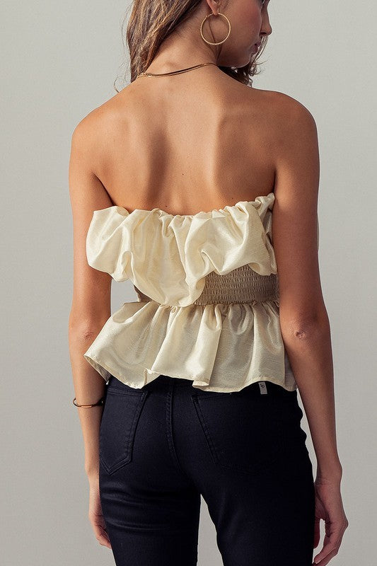 Voluminous Ruffle Smocked Waist Sliky Blouse in Cream - Women's Wholesale Tops | Trend Notes
