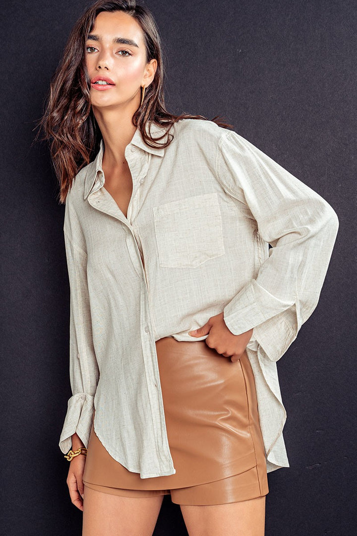 HIGH-LOW BUTTON DOWN SHIRT in Oatmeal - Women's Wholesale Tops | Trend Notes