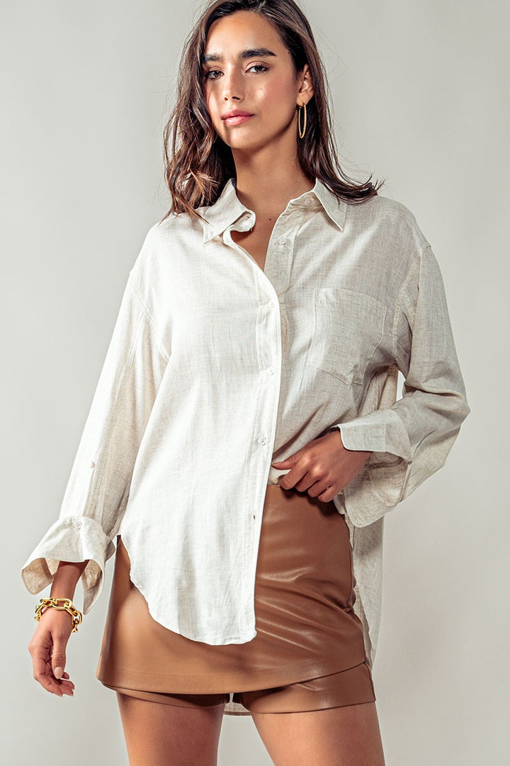 HIGH-LOW BUTTON DOWN SHIRT in Oatmeal - Women's Wholesale Tops | Trend Notes
