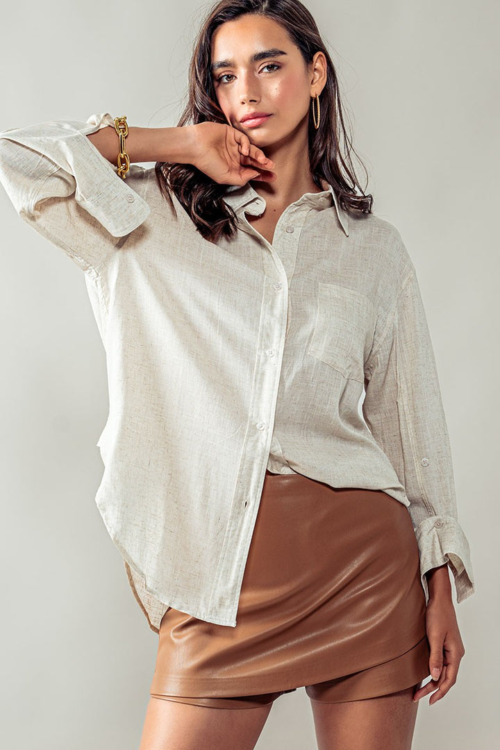HIGH-LOW BUTTON DOWN SHIRT in Oatmeal - Women's Wholesale Tops | Trend Notes