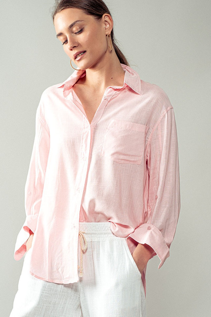 HIGH-LOW BUTTON DOWN SHIRT in Pink - Women's Wholesale Tops | Trend Notes