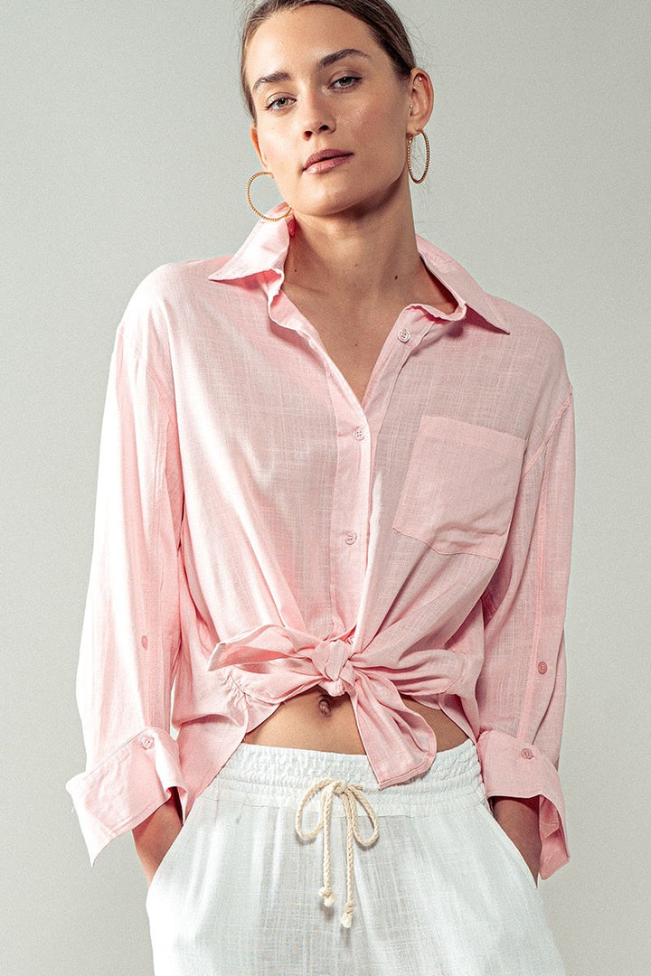 HIGH-LOW BUTTON DOWN SHIRT in Pink - Women's Wholesale Tops | Trend Notes