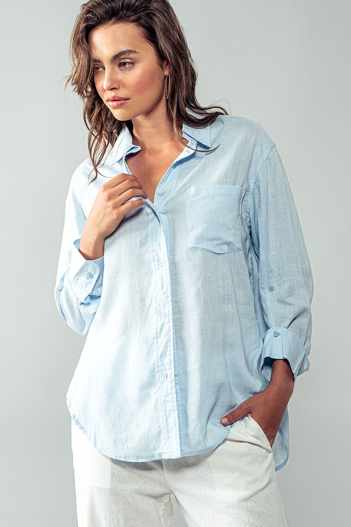 HIGH-LOW BUTTON DOWN SHIRT in Sky Blue - Women's Wholesale Tops | Trend Notes