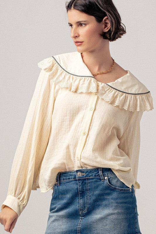 Ruffled Boho Top with Lace Collar in Ivory - Women's Wholesale Shirts & Blouses | Trend Notes