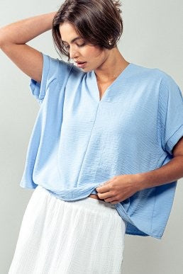 Effortless Boho V-Neck Top in Lt Blue - Women's Wholesale Tops | Trend Notes