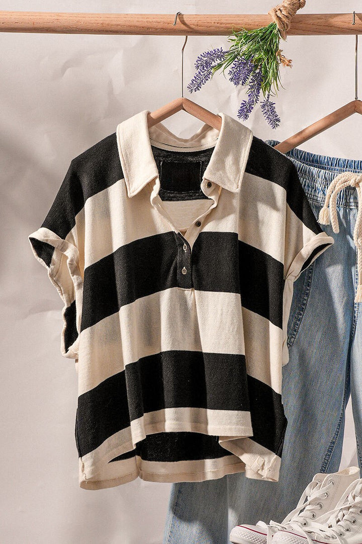 Bold Striped Cropped Polo Top in Ivory/black - Women's Wholesale Tops | Trend Notes