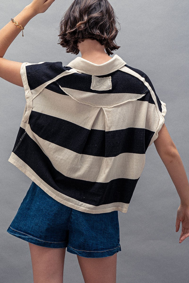 Bold Striped Cropped Polo Top in Ivory/black - Women's Wholesale Tops | Trend Notes