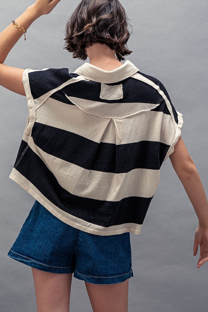 Bold Striped Cropped Polo Top in Ivory/black - Women's Wholesale Tops | Trend Notes