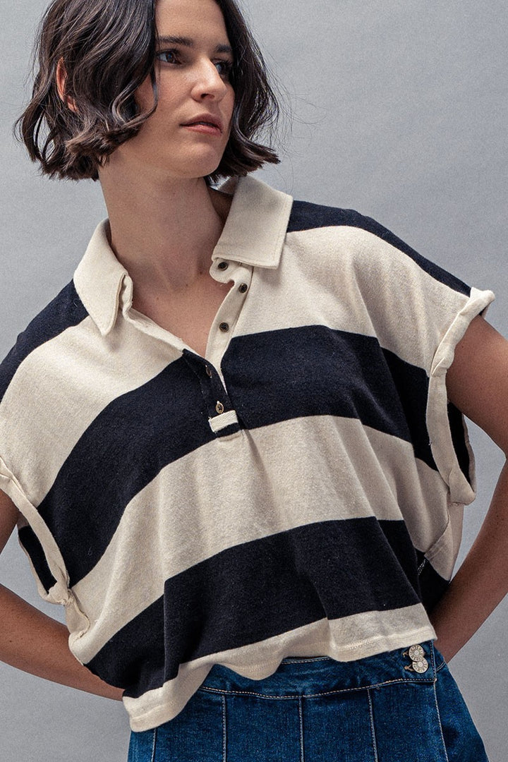 Bold Striped Cropped Polo Top in Ivory/black - Women's Wholesale Tops | Trend Notes
