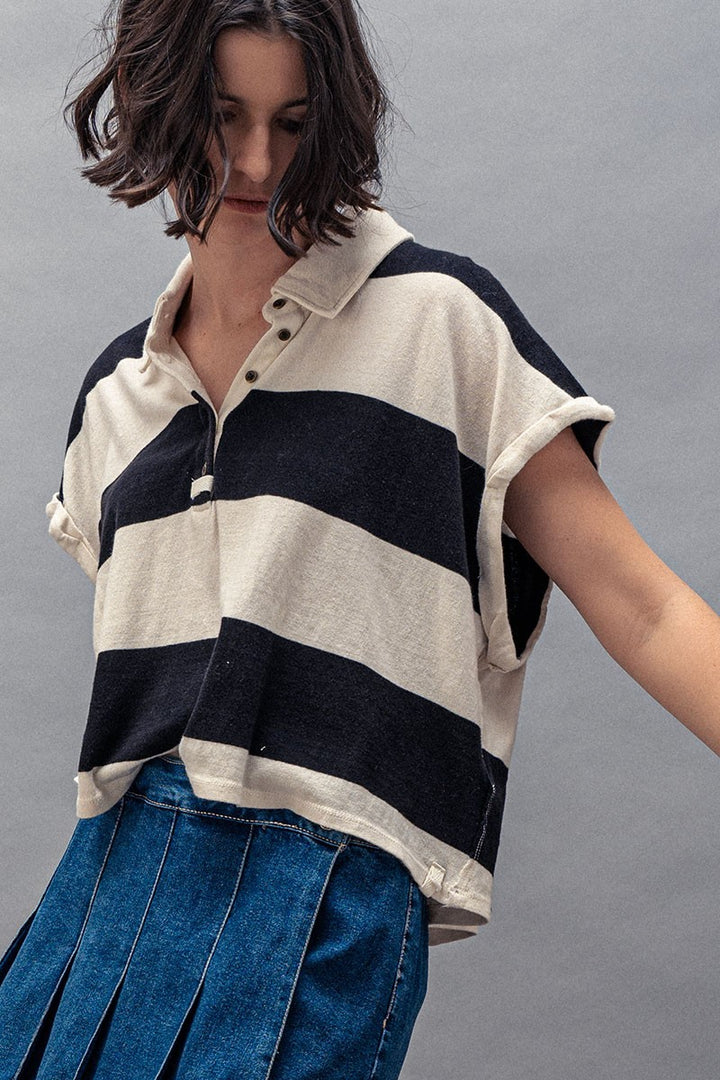 Bold Striped Cropped Polo Top in Ivory/black - Women's Wholesale Tops | Trend Notes