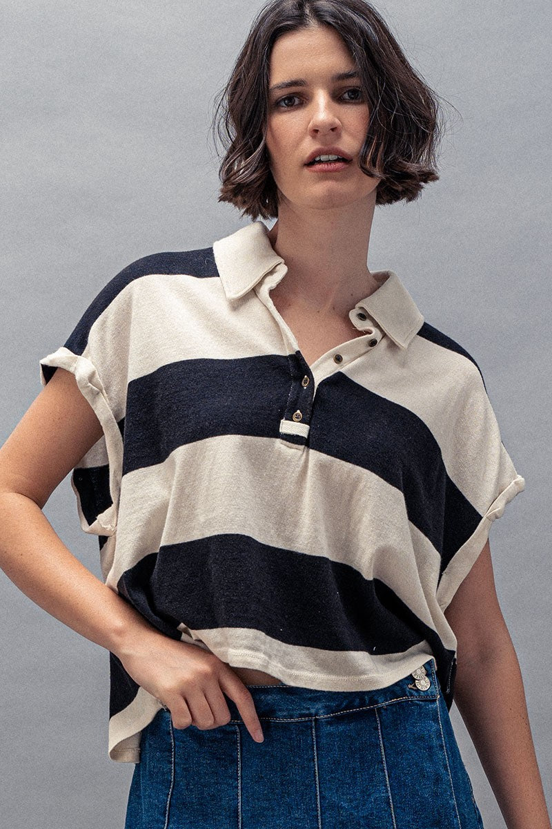 Bold Striped Cropped Polo Top in Ivory/black - Women's Wholesale Tops | Trend Notes