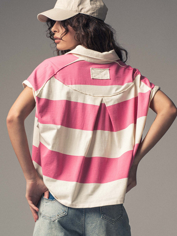 Bold Striped Cropped Polo Top in Ivory/pink - Women's Wholesale Tops | Trend Notes