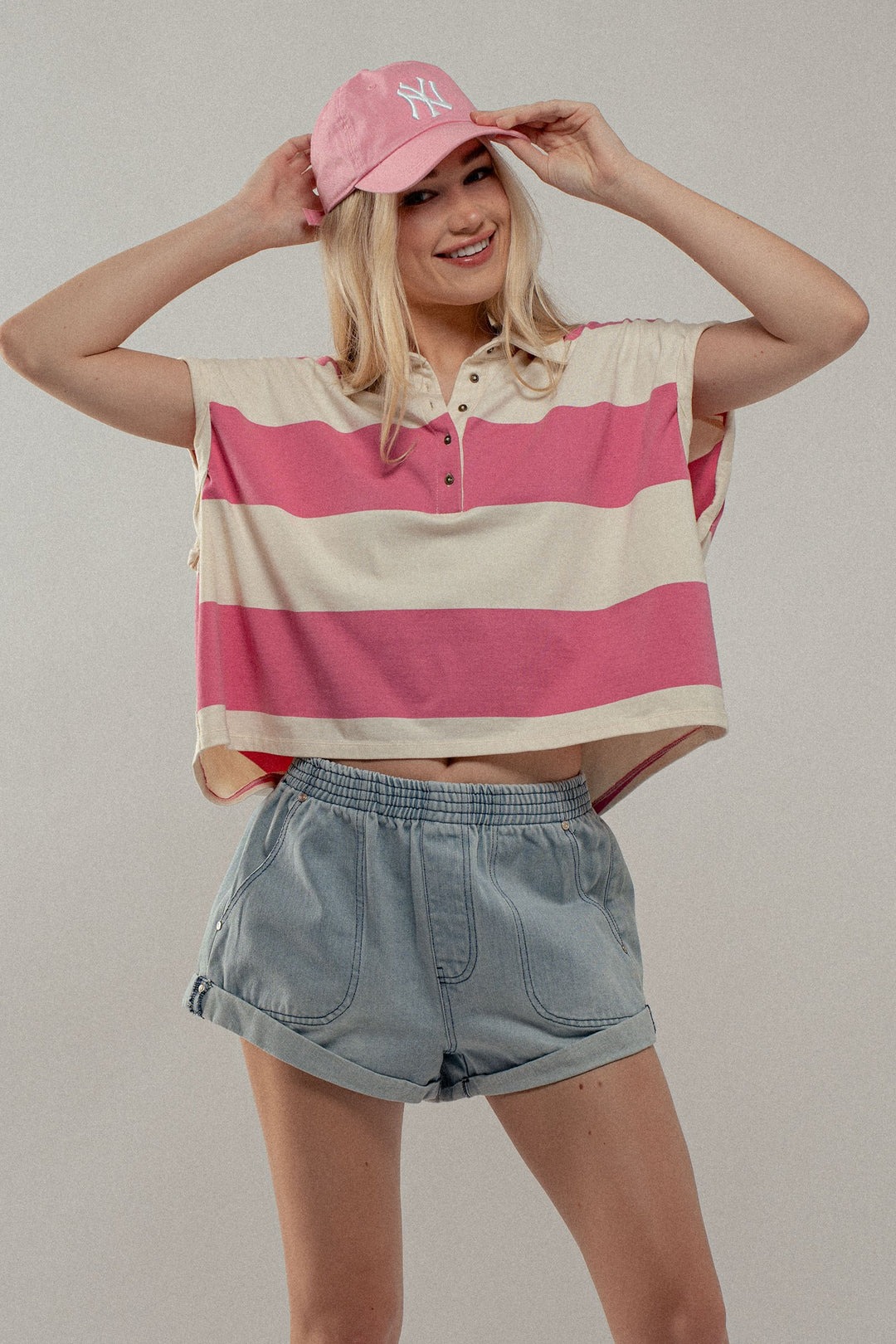 Bold Striped Cropped Polo Top in Ivory/pink - Women's Wholesale Tops | Trend Notes
