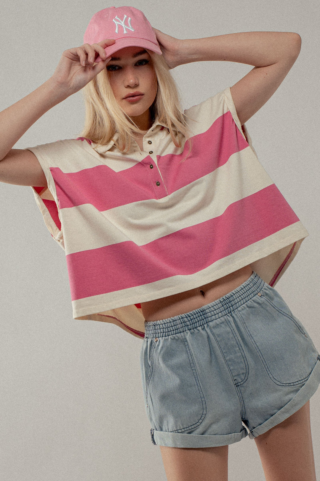 Bold Striped Cropped Polo Top in Ivory/pink - Women's Wholesale Tops | Trend Notes