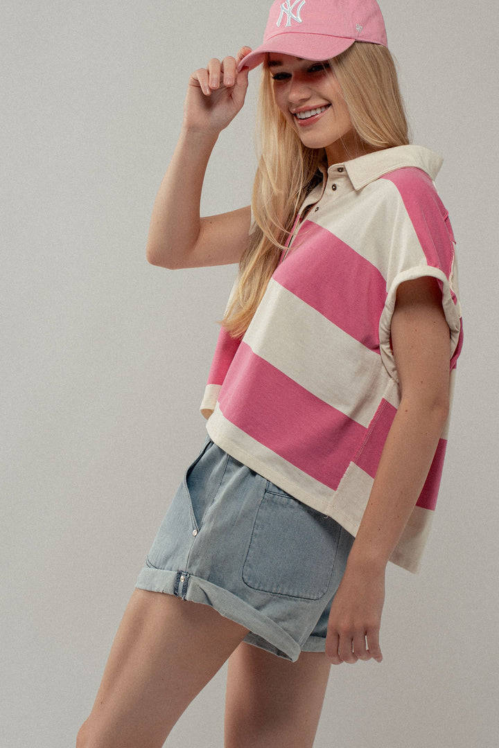 Bold Striped Cropped Polo Top in Ivory/pink - Women's Wholesale Tops | Trend Notes