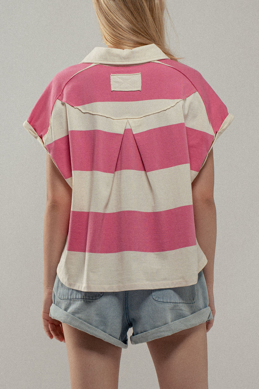 Bold Striped Cropped Polo Top in Ivory/pink - Women's Wholesale Tops | Trend Notes