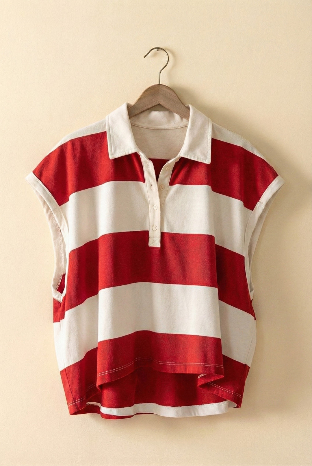 Bold Striped Cropped Polo Top in Ivory/red - Women's Wholesale Tops | Trend Notes