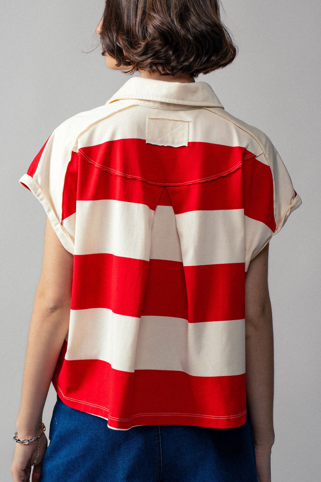Bold Striped Cropped Polo Top in Ivory/red - Women's Wholesale Tops | Trend Notes