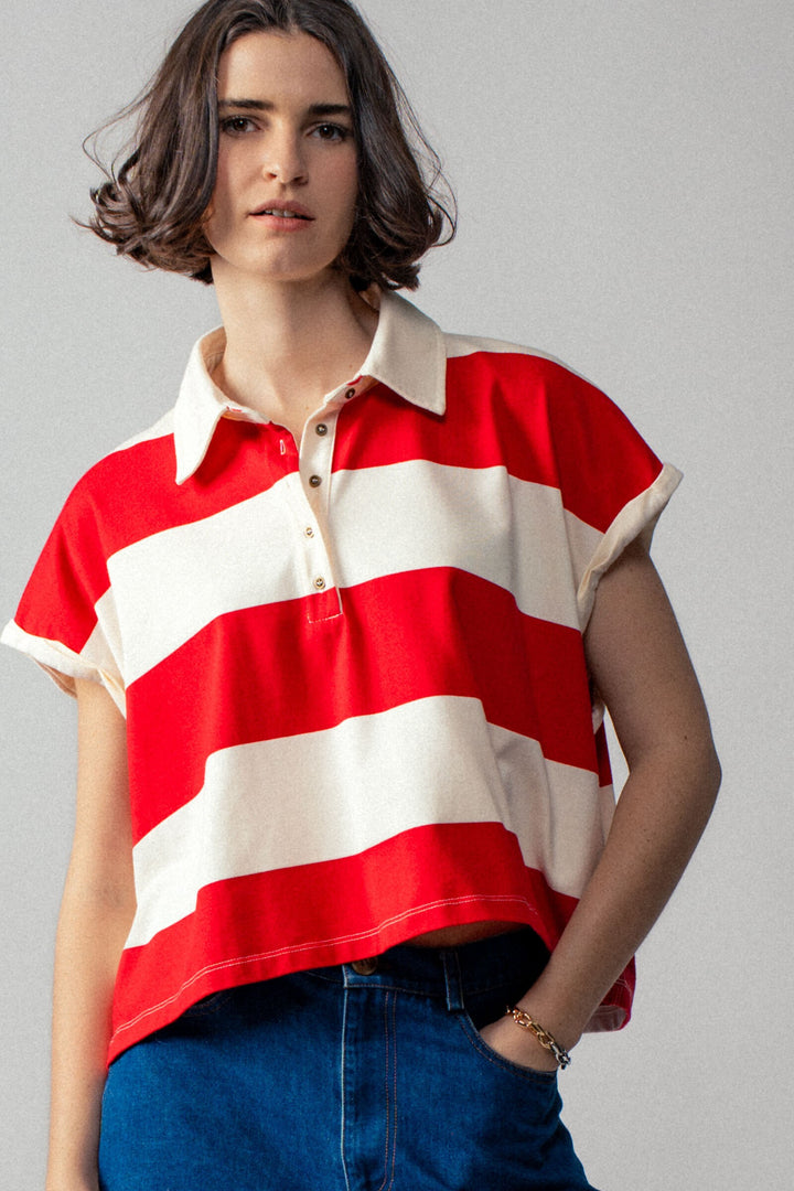 Bold Striped Cropped Polo Top in Ivory/red - Women's Wholesale Tops | Trend Notes