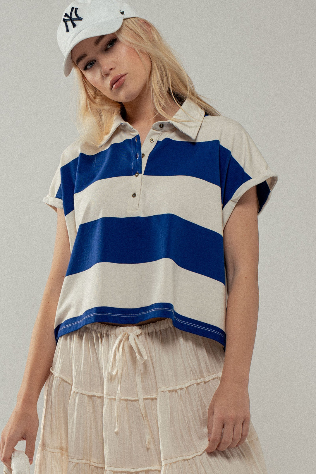 Bold Striped Cropped Polo Top in Ivory/royal - Women's Wholesale Tops | Trend Notes