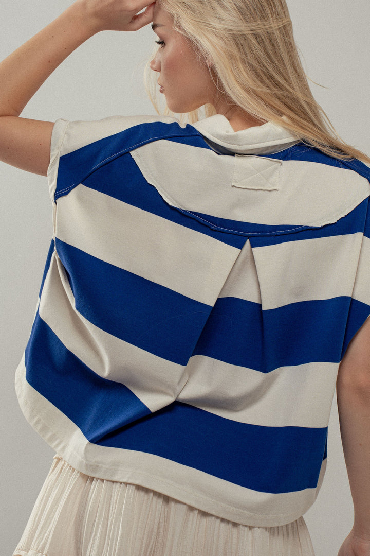 Bold Striped Cropped Polo Top in Ivory/royal - Women's Wholesale Tops | Trend Notes