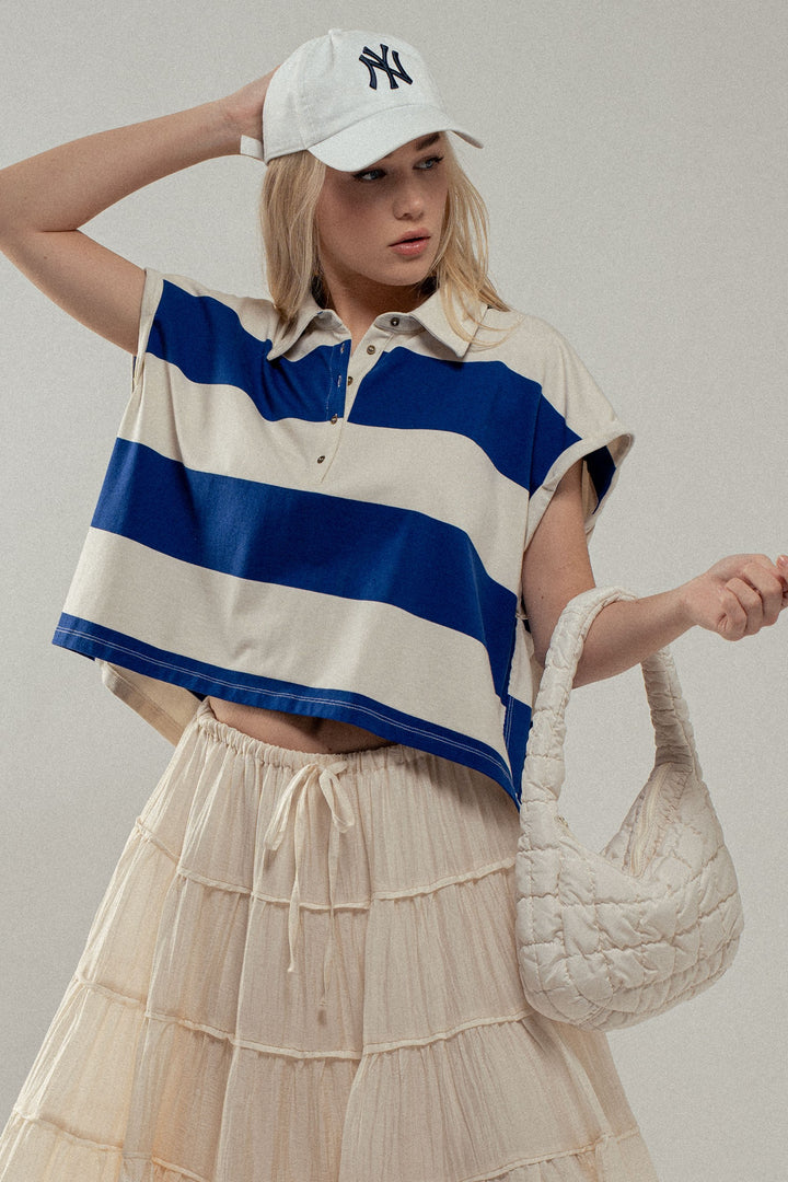 Bold Striped Cropped Polo Top in Ivory/royal - Women's Wholesale Tops | Trend Notes