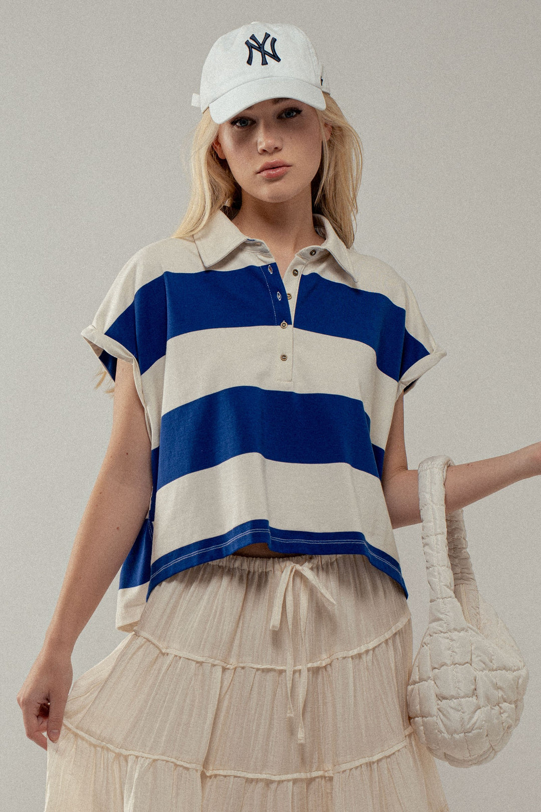 Bold Striped Cropped Polo Top in Ivory/royal - Women's Wholesale Tops | Trend Notes