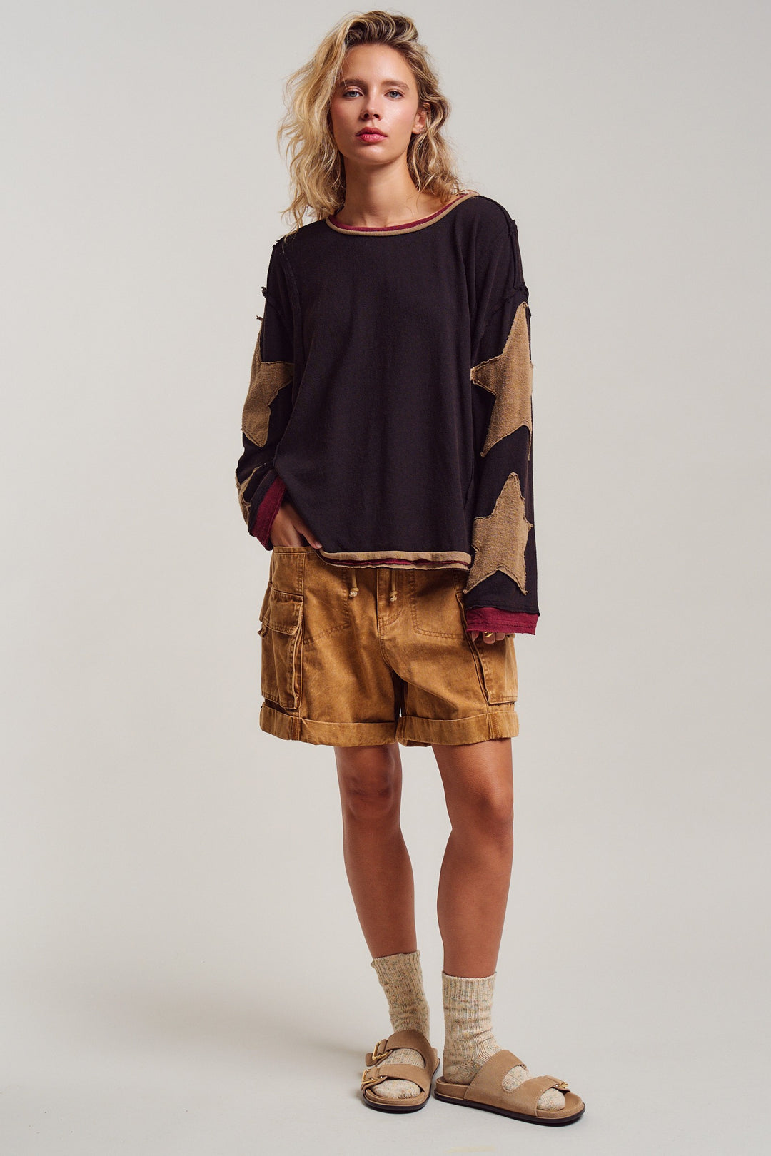Lone Star Patchwork Pullover in Brown - Women's Wholesale Tops | Trend Notes