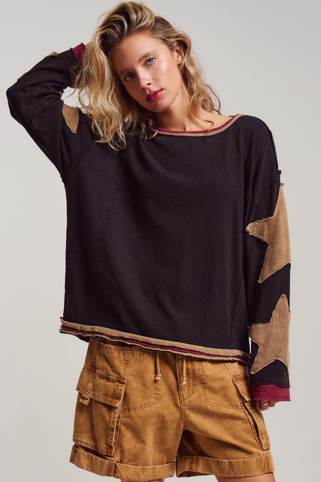 Lone Star Patchwork Pullover in Brown - Women's Wholesale Tops | Trend Notes