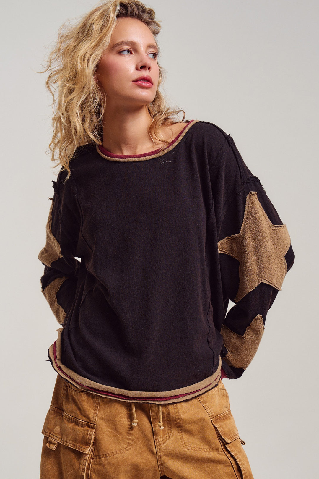 Lone Star Patchwork Pullover in Brown - Women's Wholesale Tops | Trend Notes