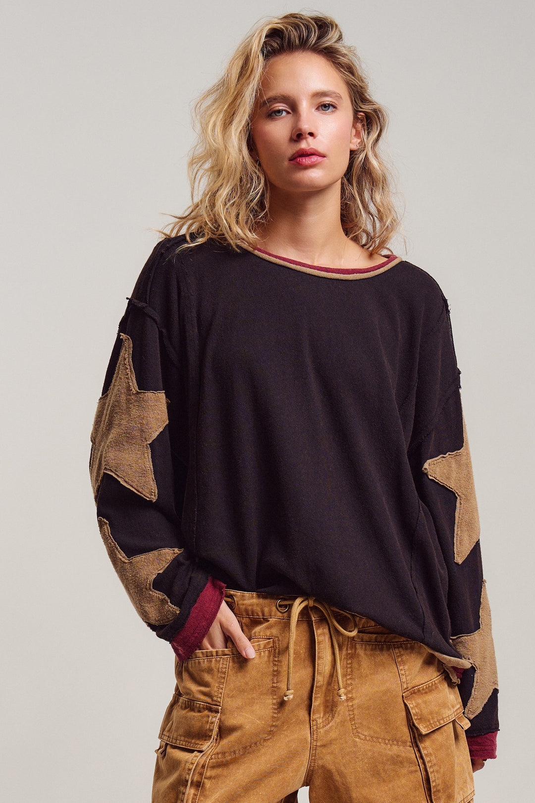 Lone Star Patchwork Pullover in Brown - Women's Wholesale Tops | Trend Notes