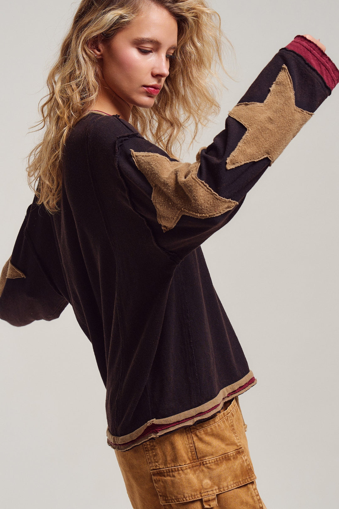 Lone Star Patchwork Pullover in Brown - Women's Wholesale Tops | Trend Notes