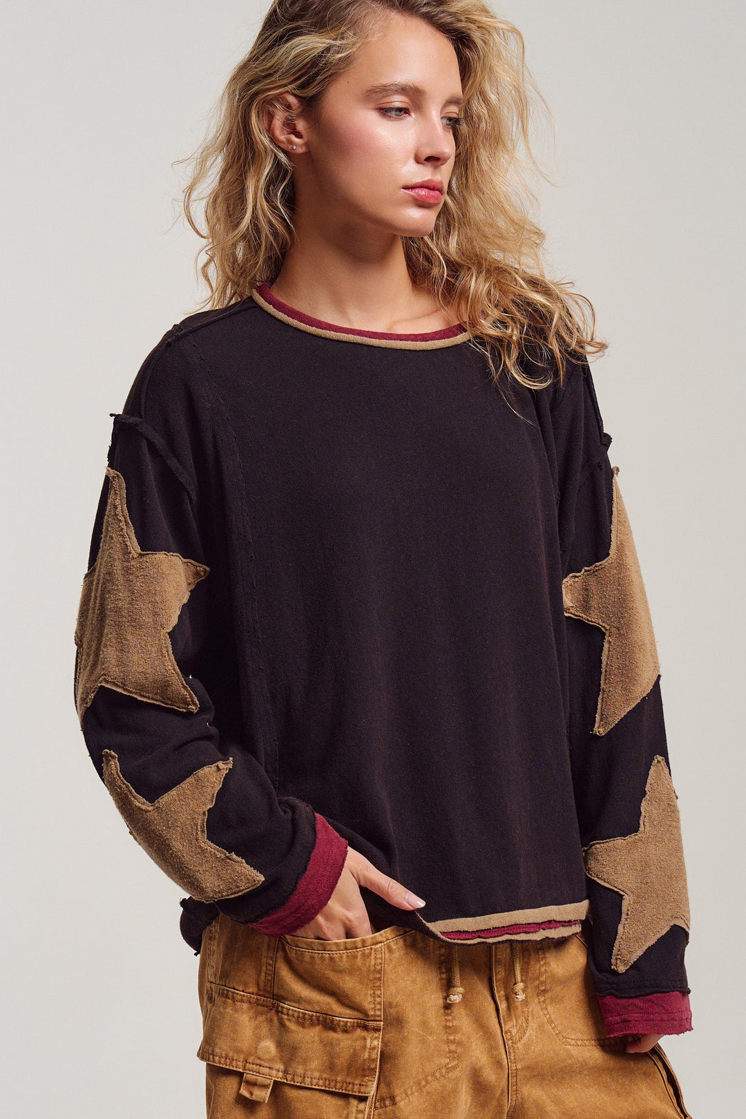 Lone Star Patchwork Pullover in Brown - Women's Wholesale Tops | Trend Notes