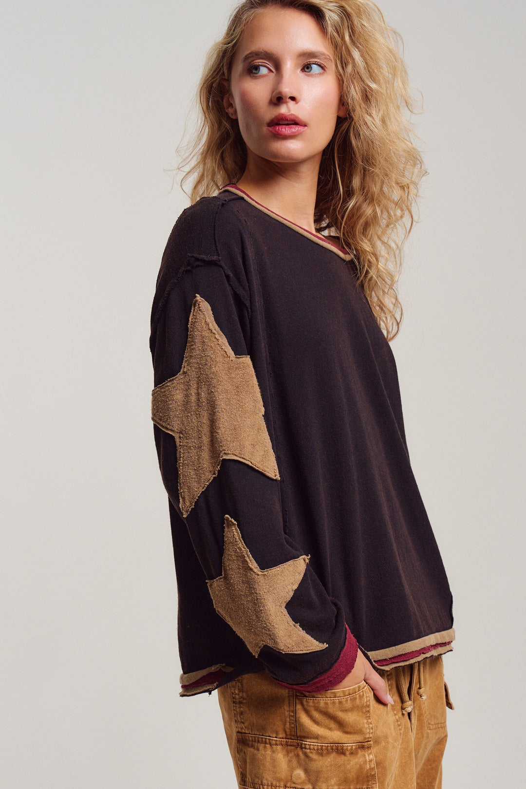 Lone Star Patchwork Pullover in Brown - Women's Wholesale Tops | Trend Notes