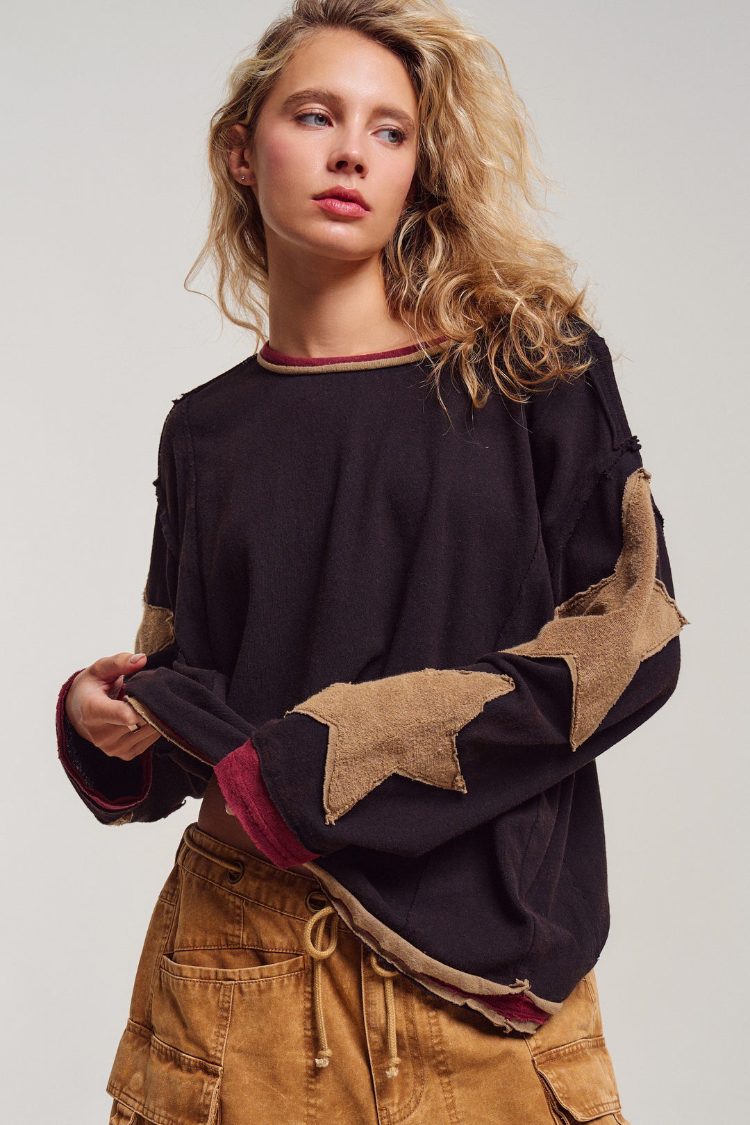 Lone Star Patchwork Pullover in Brown - Women's Wholesale Tops | Trend Notes