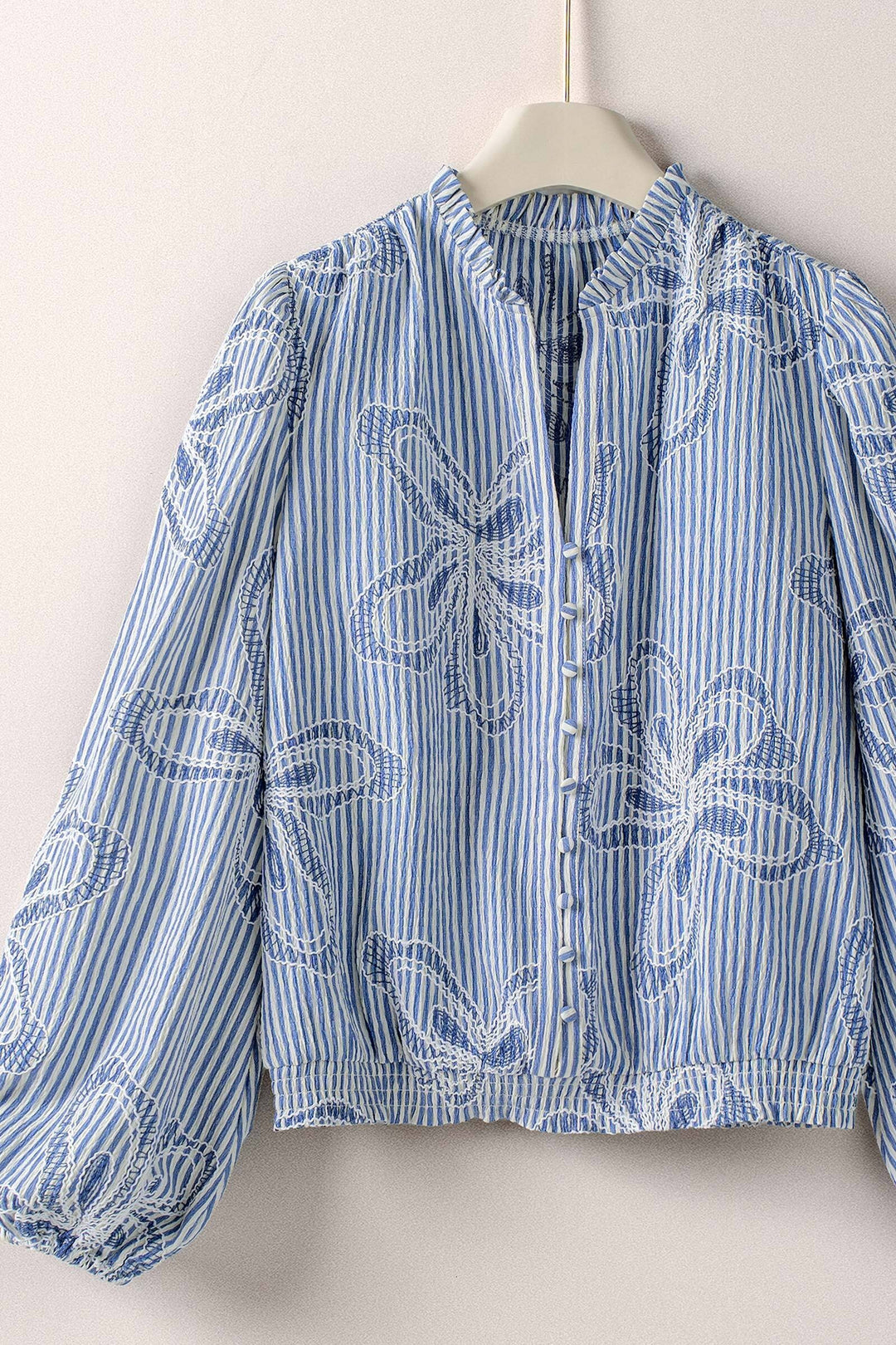 Provence Embroidered Stripe Blouse in Ivory Blue - Women's Wholesale Tops | Trend Notes