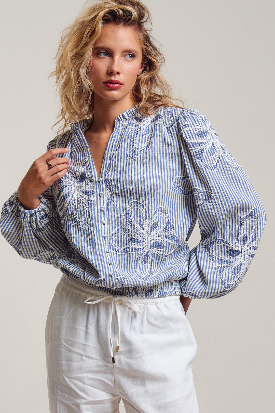 Provence Embroidered Stripe Blouse in Ivory Blue - Women's Wholesale Tops | Trend Notes