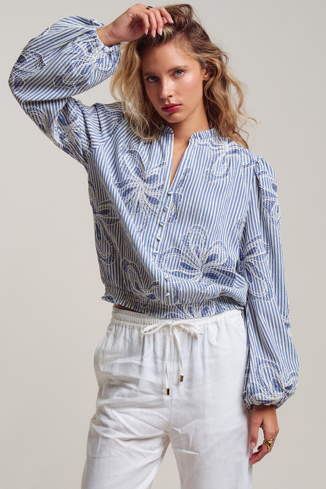 Provence Embroidered Stripe Blouse in Ivory Blue - Women's Wholesale Tops | Trend Notes