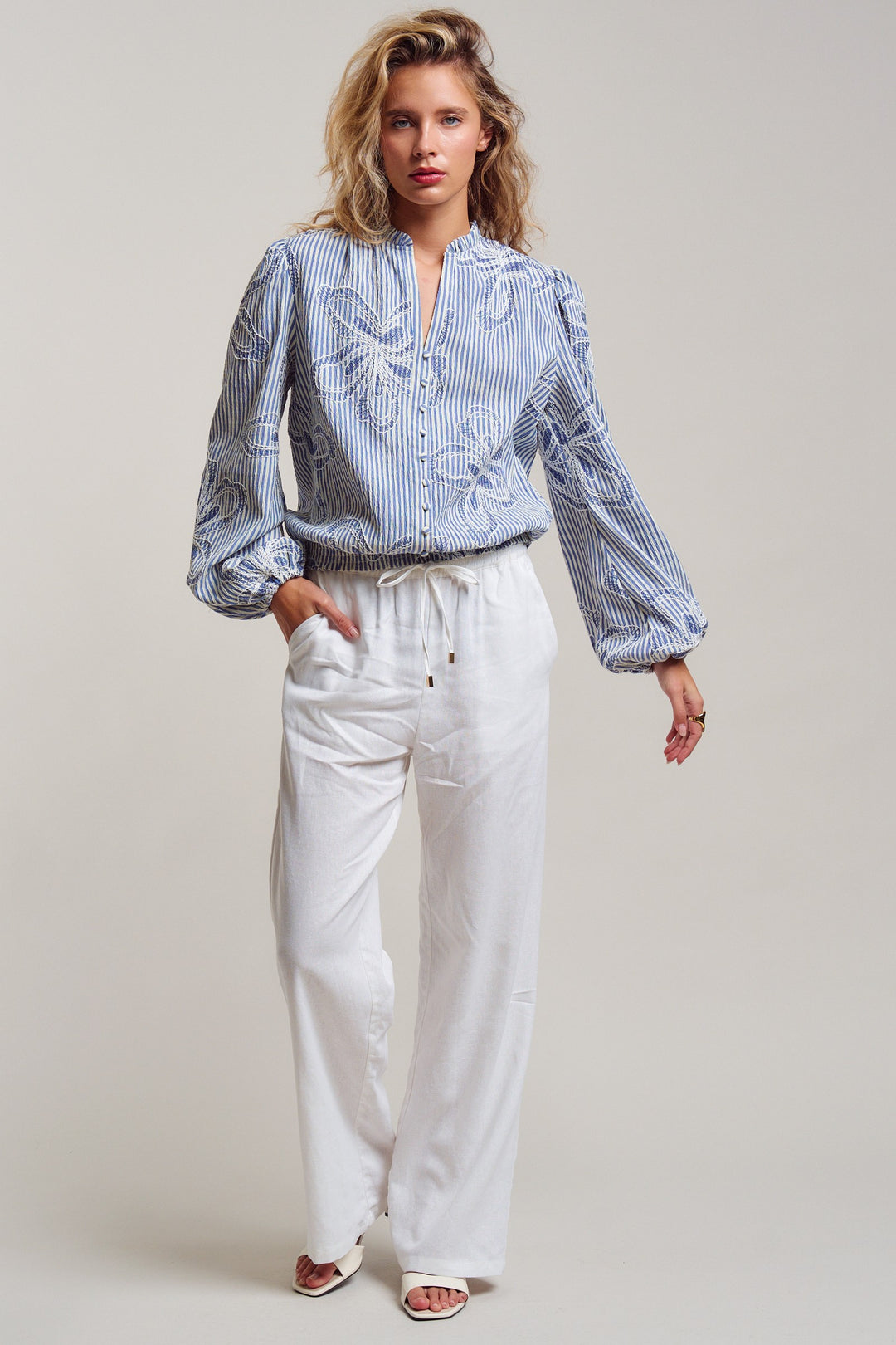 Provence Embroidered Stripe Blouse in Ivory Blue - Women's Wholesale Tops | Trend Notes