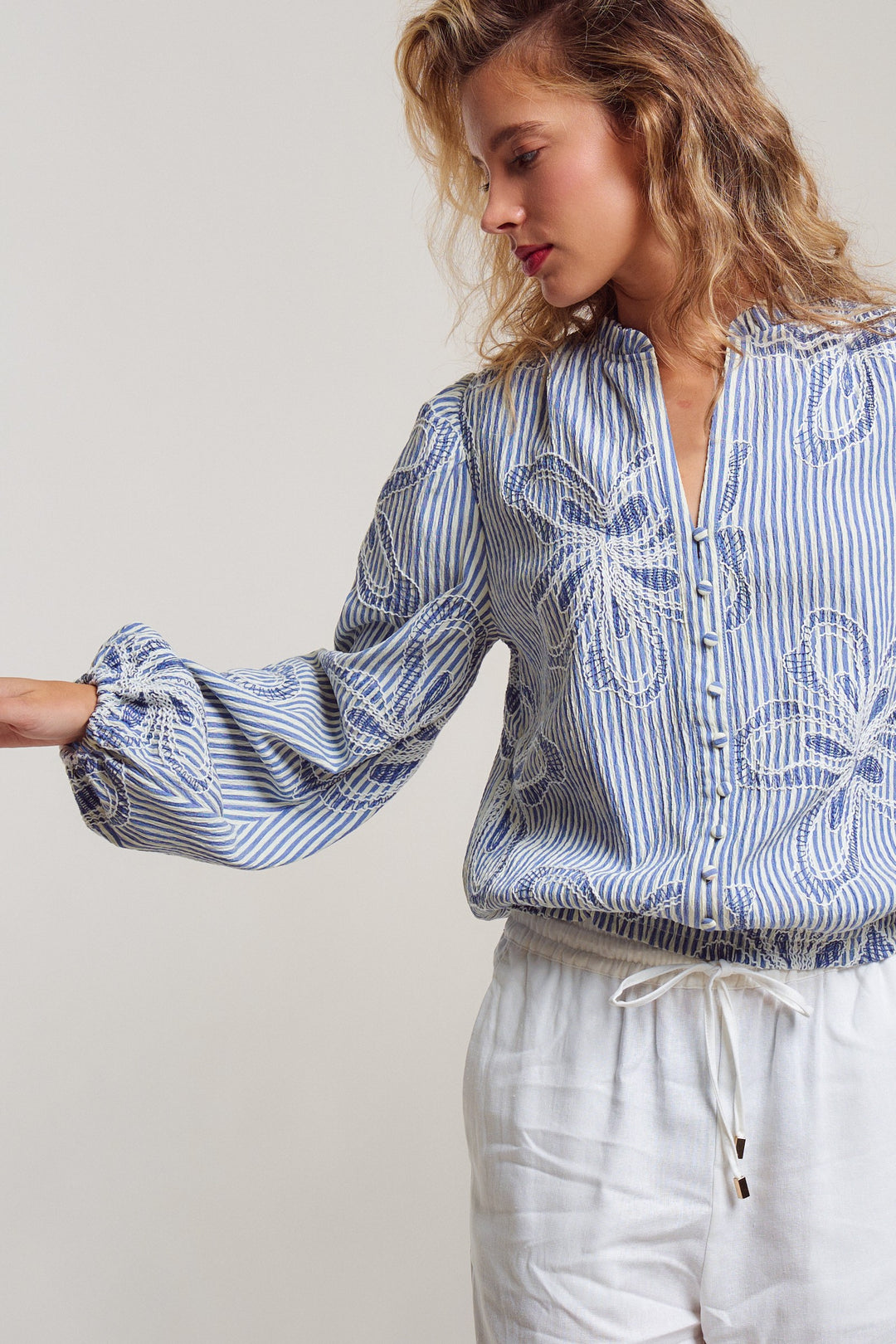 Provence Embroidered Stripe Blouse in Ivory Blue - Women's Wholesale Tops | Trend Notes