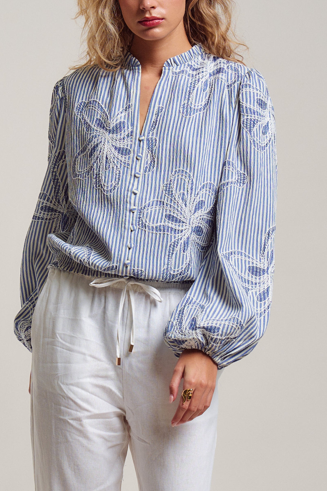 Provence Embroidered Stripe Blouse in Ivory Blue - Women's Wholesale Tops | Trend Notes