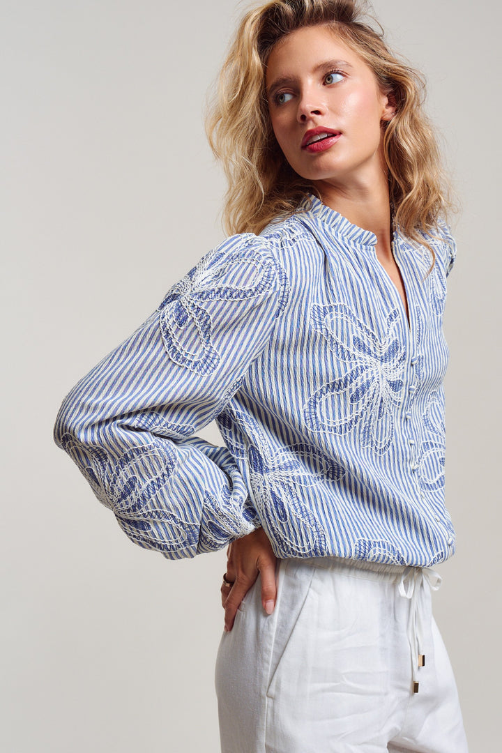 Provence Embroidered Stripe Blouse in Ivory Blue - Women's Wholesale Tops | Trend Notes