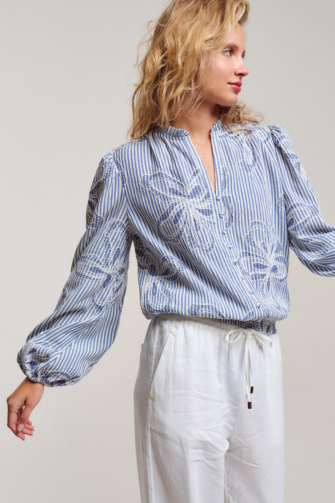 Provence Embroidered Stripe Blouse in Ivory Blue - Women's Wholesale Tops | Trend Notes