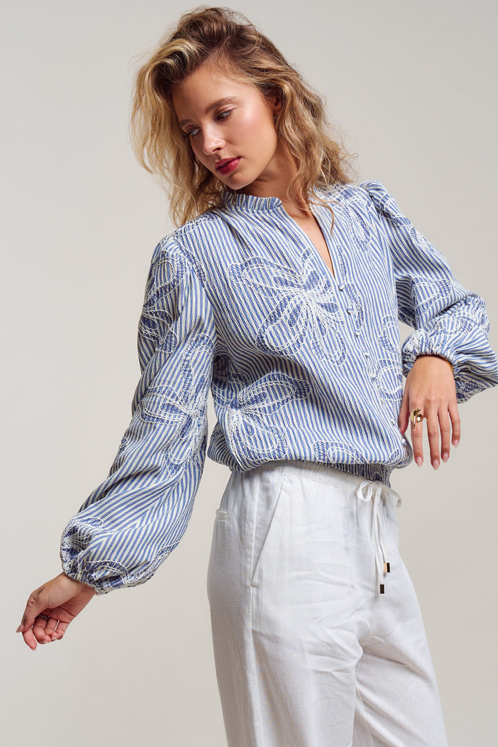 Provence Embroidered Stripe Blouse in Ivory Blue - Women's Wholesale Tops | Trend Notes